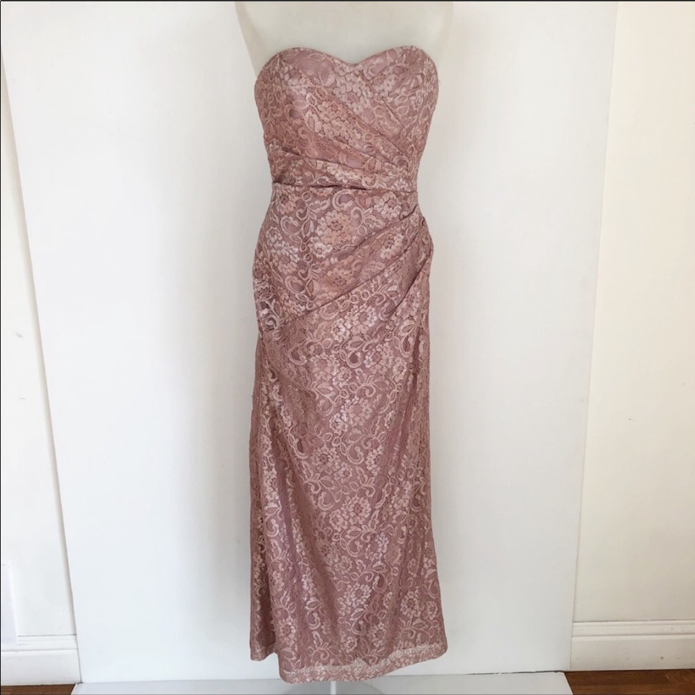 David’s Bridal rose gold Long Strapless Lace Dress